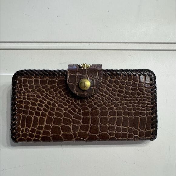 Vintage Brown Croc Leather Double Kiss Lock Bi Fold Clutch Wallet Braided Trim - Picture 1 of 5
